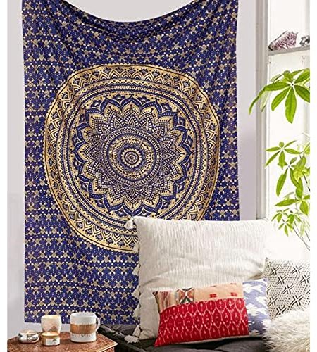 raajsee Blue Gold Mandala Tapestry For Bedroom- Aesthetic Tapestry - Indie Wall Tapestry Hippie Room Decor - Boho Tapestrys -Trippy Small Tapestry Wall Hanging, Poster (30x40 Inches / 76x101 Cms)
