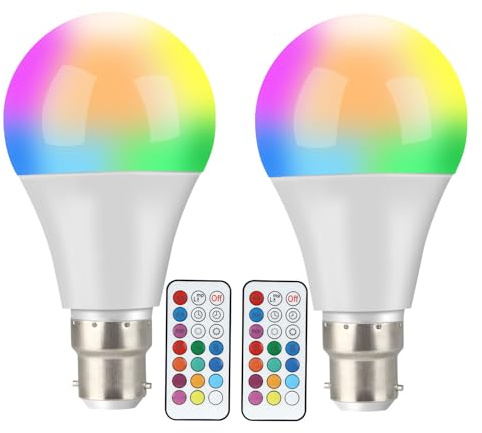 Colour Changing Light Bulb, [2 Pack] B22 10W LED RGBW Colour Bulbs with Remote Control, 12 Dimmable Colours, 2 Dynamic Modes & Timer Settings, Colour Light Bulbs for Home, Decoration, Party, Bar, KTV