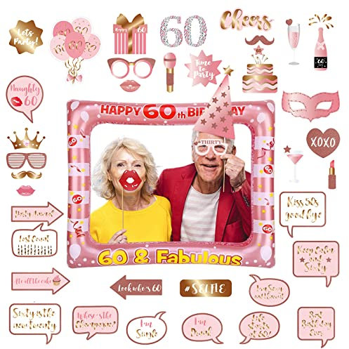 60th Birthday Decorations Ladies Men,Rose Gold Inflatable Selfie Frame&38Pcs 60th Birthday Photo Booth Props,Giant Inflatable Party Photo Booth Frame for Ladies Men 60thBirthday Party Decorations