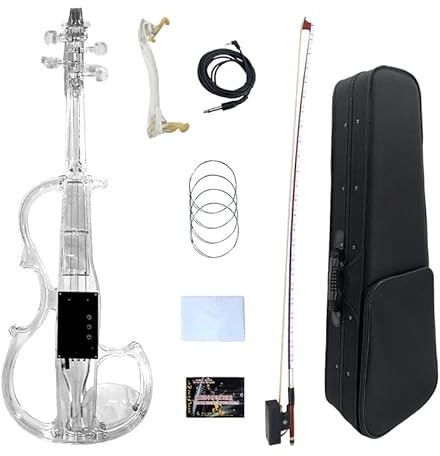Yinfente - Violín eléctrico 4/4 de tamaño completo, cuerpo acrílico transparente, luz LED, tres colores, estuche de arco para violín transparente, resto de hombros, cuerdas adicionales para