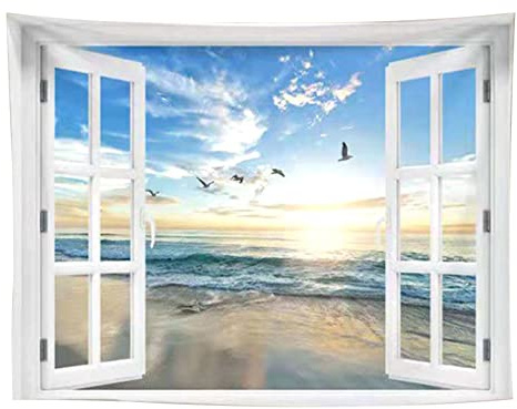 Jorzer 3D Window View Posters Fake Window View Canvas Sunset View Scenery Wilderness Nature Picture Hanging Cloth Wall Art Decorations Home Wall Tapestry Decor