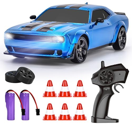 BuzzoXerex Coche RC Drift, 1:24 RC Drift Car, 18km/h 4WD Mini Coche Teledirigido con Kit Barricada, Luces LED, Radiocontrol Coche de Juguete para Niños Mayores de 6 Años (B)