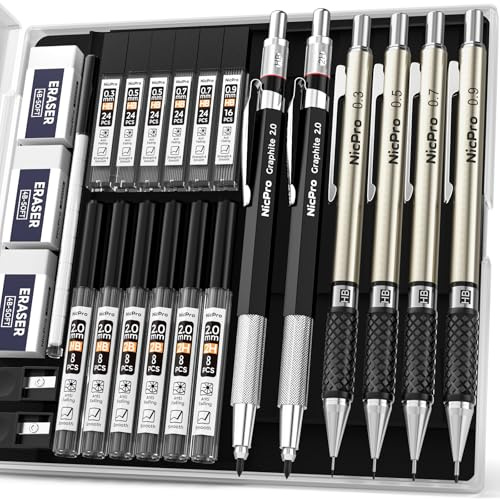 Nicpro 6PCS Art Mechanical Pencil Set, 4 PCS Metal Drafting Pencil 0.3mm & 0.5 mm & 0.7 mm & 0.9 mm & 2 PCS 2mm Lead Holder (2B HB 2H) For Sketching Drawing With 12 Tube Lead Refills Case