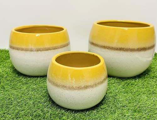 My Square Mile Decorative Ceramic Planter Pots, Indoor Outdoor Use, Yellow Two Tone CachePot (Large 21cm x 23cm)