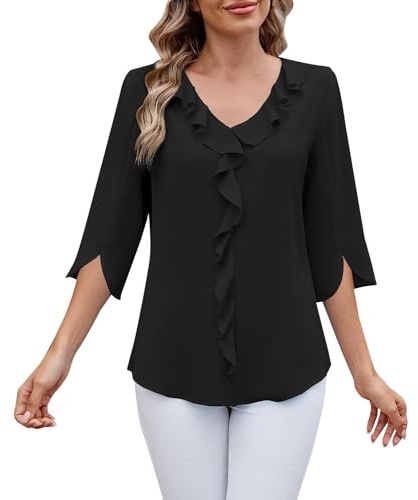 Camicetta da donna elegante in chiffon, maniche a 3/4, maglietta estiva con scollo a V, foglia di loto, tinta unita, camicetta da donna