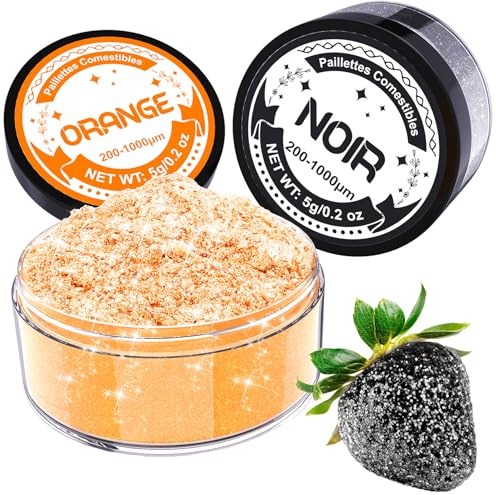 Paillettes Comestibles - Colorant Alimentaire Poudre 2 Couleurs, Decoration Gateau Comestible pour Fondant, Macaron, Paillette Alimentaire pour Cocktail, Luster Dust Orange et Noir, Halloween - 5g