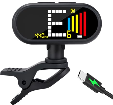 EX Professional Rechargeable Chromatic Clip-On Guitar Tuner — Fast, Ultra-Accurate Clip-On Tuner with Color LCD for Acoustic Guitar, Bass Guitar, Ukulele & Violin, Black