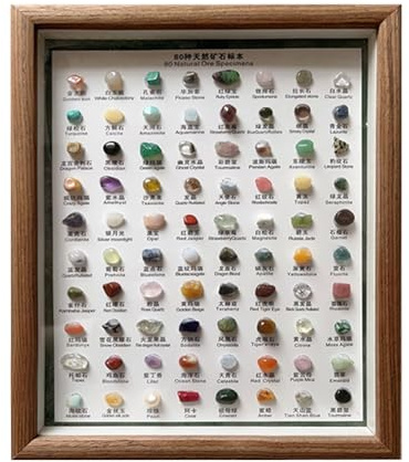 Genérico Set de Colección de Minerales - Kit de Piedra Preciosa en Bruto, Guía de Identificación de Rocas, Muestras de Geología Educativa | Exhibidor Decorativo de Piedra en Marco de Madera
