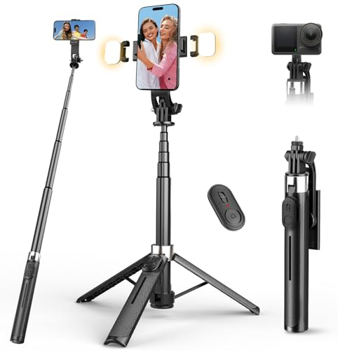 RISEOFLE 110cm Bastone Selfie Treppiede con 2 Luci di Riempimento, Treppiede per Smartphone Portatile Estensibile con Telecomando Wireless, Selfie Stick Compatibile con iPhone/Samsung/GoPro/Camera