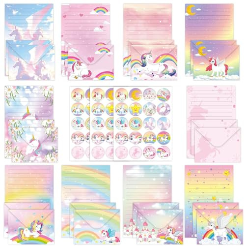 Letter Paper and Envelopes Set, 160 PCS A5 Writing Stationery with Unicorn Lined Paper, 50 Sheets & 50 Envelopes for Love Letters, Invitations, Office and School Use（Unicorn）