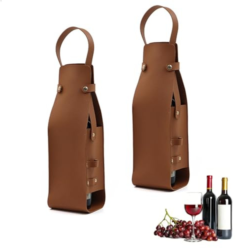 Dubbel vin presentpåse alkohol presentpåse, set med 2 återanvändbara bruna flaskväskor för vin med handtag, 34,5 x 10 cm PU vin presentförpackning tom förpackning för champagne Prosecco-gåvor