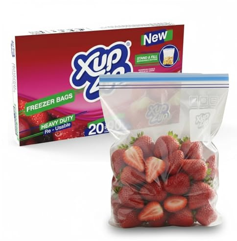 XupZip Bolsas para congelar alimentos de primera calidad, reutilizables, de plástico resistente, con sello de bambú hermético y a prueba de fugas, sin BPA Plástico Galón / 4.55L - 20 Bolsas