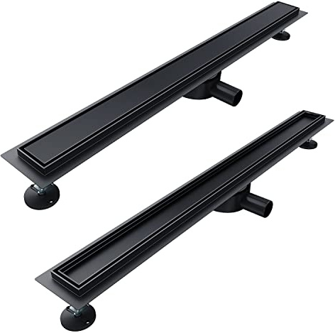 SONNI Duschränna 70 cm komplett set svart avlopp 360° roterbar duschränna extra platt med luktstopp och hårsil 2 i 1 rostfritt stål avloppsränna dusch kan kaklas