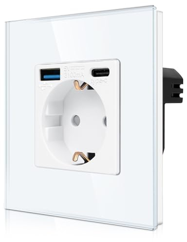 CNBINGO Einzelsteckdose mit 2× USB-Anschluss (20W Schnellladen) - 1× (Typ-C und USB-A) - Einfach Glas Schuko Steckdose Unterputz - Weiß Wandsteckdose mit Kindersicherung