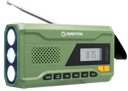 Manta RDI401G - Radio d'urgence solaire à manivelle - Radio FM - Avec batterie externe portable 4500 mAh USB-C - Lampe de poche lumineuse et lampe de lecture pour les urgences domestiques et la survie