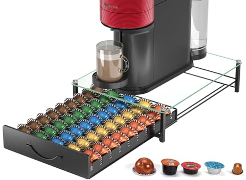 HFHOME Glass Coffee Capsule Holder for 50 Nespresso Vertuo Capsules or 50 Dolce Gusto Capsules, Drawer Organiser for Vertuoline Capsules, Coffee Machine Stand