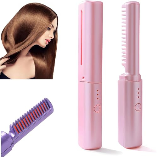 Lonnalee Rechargeable Mini Hair Straightener, Cordless Hair Straightener Brush, Portable Straightening Brush with Negative Ion,Hot Comb Hair Straightener for Women,2 in1 Lightweight for Trave (Pink)