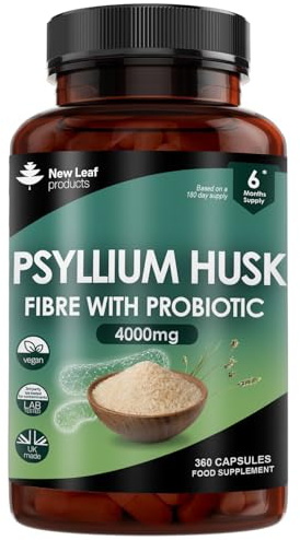 Fibre Supplement 4000mg Psyllium Husk with Acidophilus - High Strength - Natural Soluble Fiber Supplement from Plantago Ovata Seeds, 360 Psyllium Husks Capsules Vegan, Made in UK by New Leaf