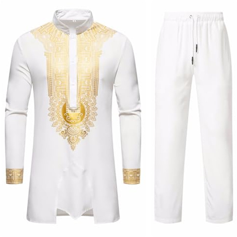 ZDSUHYIW Herren Middle East Thobe mit Hosen - Männer Muslim Langarm Thobe Lose Kaftan Dubai Arab Kaftan Kleidung Herren Islamische Kostüm Afrikanischer Dashiki für Herren Anzüge Outfits