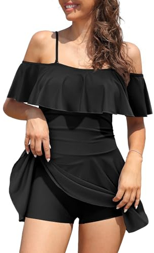 SHEKINI Womens Skirted One Piece Swimsuit Off-Shoulder Swimwear with Shorts Ruffled Flounce Swimming Costume Bathing Suits Solid Black