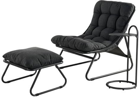 Grand patio Loungesessel Outdoor Gartenliege, Relaxsessel Sonnenliege Wetterfest, Liegestuhl mit Beistelltisch und Gartenhocker, Weiche Auflage, für Garten,Terrasse, Belastbarkeit 150 kg, Dunkelgrau