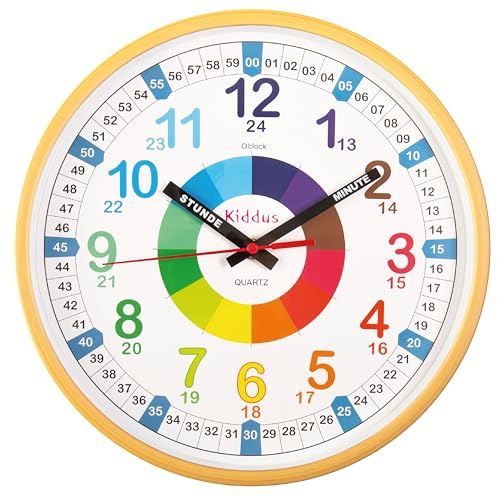 Kiddus Orologio da Parete Bambini per Imparare l'Ora, Orologio Educativo 30cm con Lancette Scritte Ora e Minuto, Decorazione Cameretta Bimbo e Bimba, Silenzioso, Pedagogico Colorati per Scuola e Casa