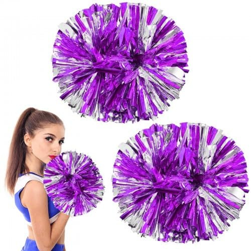 Metallic Cheerleading Pom Poms Cheerleading Pompoms 2 Pack Foil Cheerleading Pom Poms Hand Flowers with Handle Cheering Squad Pompoms Dance Pompoms for Sports Competition Team Spirit (Purple + Silver)