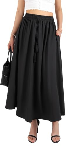 BALAYSIER Midikjol dam sommar med fickor kjol A linje dam med dragsko enfärgad eleganta långa kjolar, svart, M