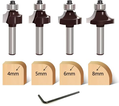 glryd 4 Stück Abrundfräser 8mm Schaft,Runde Über Fräser Bits，Hartmetall Radiusfräser mit Kugellager Rundfräser,Fräskopf für Oberfräse 8mm für Zimmerei Fasen Holzbearbeitung Trimmen