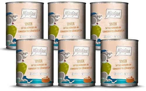 MjAMjAM - Premium Nassfutter für Hunde - Senior - saftiges Hühnchen an schmackhaften Süßkartoffeln, 6er Pack (6x800g), getreidefrei