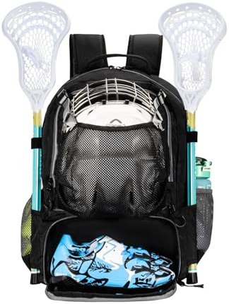 Lacrosse Bag, Lacrosse backpack with Stick Holder & Hidden Zipper Net - Features Separate Ventilated Shoe Compartment and Ample Storage for Helmets, Gloves, and Accessories - Fits Up to Size 13 Shoes