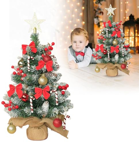Forhandy Mini julgran 60 cm liten julgran med belysning LED, julgran konstgjord med stjärnträdspets, juldekoration röd för jul och nyår hus kontor dekoration