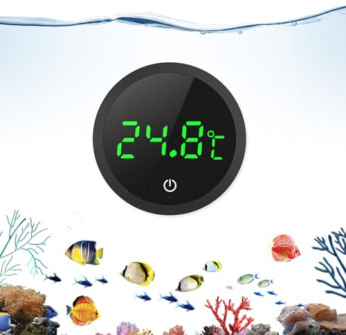 OQIMAX Akvariumtermometer digital, mini akvarietermometer för alla akvariestorlekar, LED digital display och hög precision, touchväckning, trådlös vattentermometer (Svart, 2 Styck)