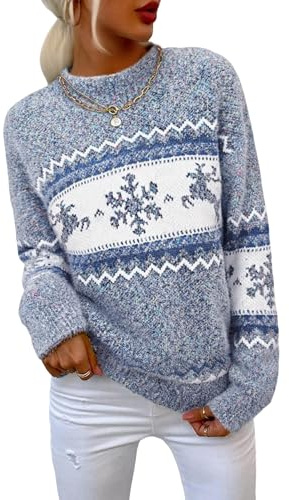 Demegimi Pull Noël Femme à Manches Longues Col Rond Sweat de Noël Femme Hiver avec Motif Flocon de Neige Christmas Sweater Décontracté Cadeau Festif