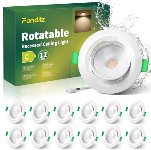 Fondiiz Spots LED Encastrable Orientable, Spot LED Extra Plat 3W 430LM, Blanc Neutre 4000K Spot Encastrés Trou Ø70-80mm 220V 230V, Spots Étanche IP44 pour Salle de Bain, Salon, Cuisine, Lot de 12