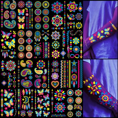 Tatuajes Fluorescentes 256+ PCS – Suministros de Fiesta Luminosos Pintura Corporal Neón UV Tatuajes Temporales para Adultos Adolescentes, 32 Hojas Accesorios Neón Detalles de Fiesta & Decoraciones