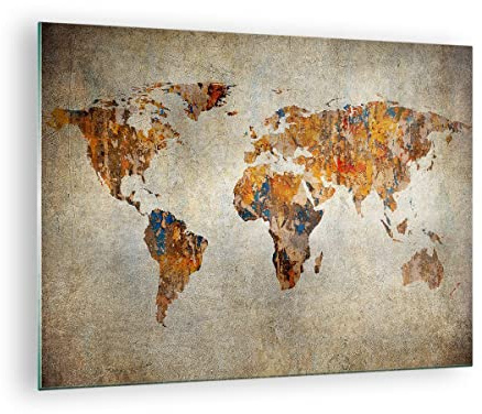 Moderne Impression sur Verre Monde Carte Continents Géographie Image Tableau en Verre Decoration Murale 70x50cm Deco Cadre Salon Chambre Horizontal Petit Tableaux Decoratifs Muraux Art GAA70x50-2783