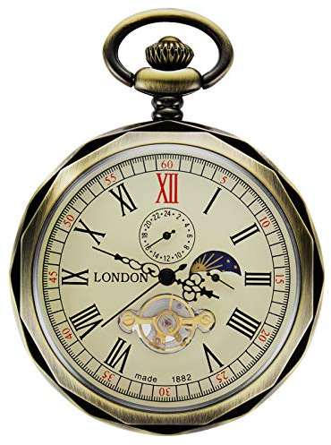 Treeweto - reloj de bolsillo para hombre, con números romanos de bronce, maquinaria al descubierto con cadena, formato 24 horas sol y luna + caja de regalo