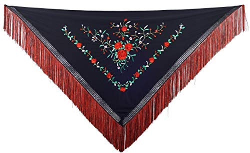 La Senorita Spanish Flamenco Dance Shawl Black with red roses - flecos doble