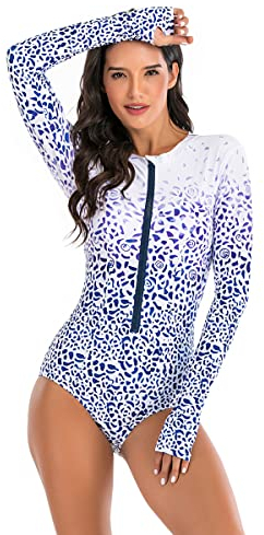 Maillots de Bain Imprimés à Manches Longues pour Femmes Combinaison de Surf Une Pièce pour Femmes Maillot de Bain avec Protection Solaire pour Les Mains,Bleu,M