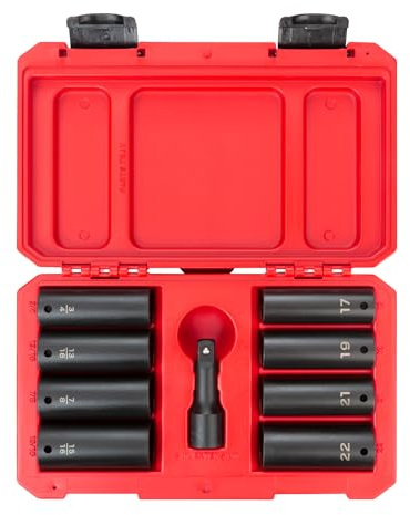 TEKTON 1/2 Inch Drive Deep Impact Lug Nut Socket Set with Case, 9-Piece (3/4-15/16 in., 17-22 mm) | SID92415