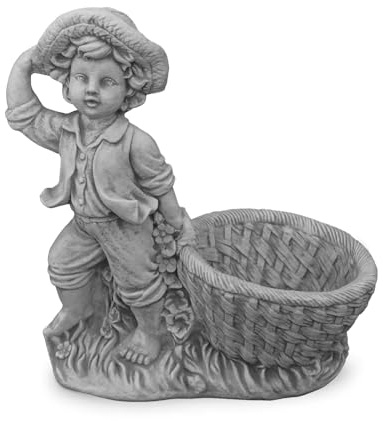 gartendekoparadies.de Figurine garçon en Pierre Solide avec jardinière, Hauteur 39 cm, 1 Litre, Gris, Poids 10 kg, en Pierre moulée résistante au Gel