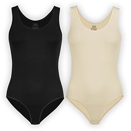 UnsichtBra Pack de 2 Body Mujer Microfibra | Body Moldeador Ligero y cómodo con Tirantes Anchos y Cierre de Corchetes – Blanco/Negro/Piel (Piel, Negro, 2XL-3XL)