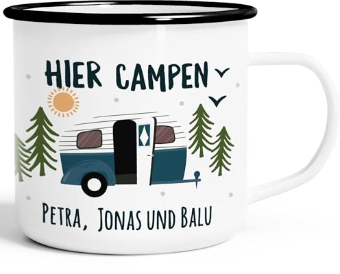 SpecialMe® Emailletasse Camping personalisiert Namen Familie Geschenke für Camper Wohnwagen personalisierbar.Becher Emaille emaille-weiß-schwarz standard