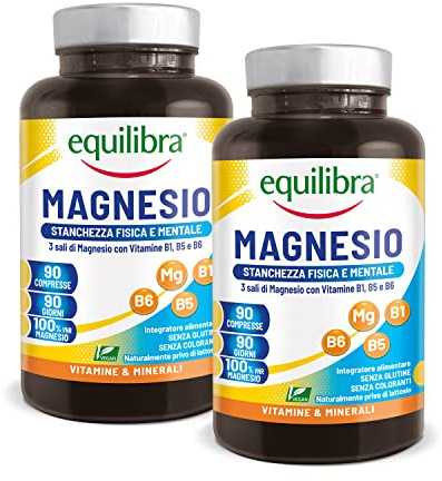Equilibra Integratori Alimentari, Magnesio, Integratore per la Stanchezza Fisica, Mentale e Funzione Muscolare, con 3 Sali di Magnesio, Vitamine Gruppo B, Vegan, Gluten Free, 2 Pezzi da 90 Compresse