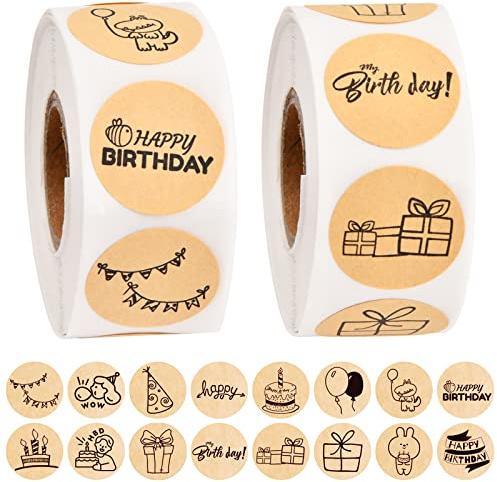 Xzeemo 1000 pcs Adesivi di Compleanno, Adesivi rotondi Compleanno, Kraft Stickers, Adesivo Ricompensa di Buon Compleanno, Compleanno Adesivi Etichette per Regalo Decorazione Busta Festa Fai Da Te (1)