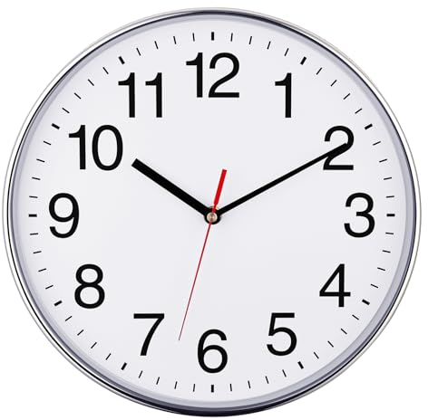 Plumeet Stille Wanduhr, 25cm geräuschelose Nicht tickende qualitative Quarz-Wanduhr Dekorative Wohnung/Küche/Büro/Schuluhr, einfach zu lesen, batteriebetrieben (Chrom)