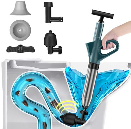 Émbolo de Alta Presión para Inodoro, Desatascador a Presion Inflable, Herramienta de Plomería Manual de Dragado de Alta Presión con 4 Cabezales Reemplazables, Air Inodoro para Inodoro, Lavabo, Bañera