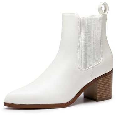 DREAM PAIRS Botas de tobillo Chelsea elásticas retro para mujer, tacón bajo y grueso, punta puntiaguda, tacón de otoño, zapatos de tacón, Blanco-poliuretano, 36 EU