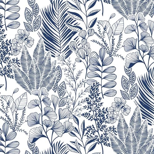 Fiula Self Adhesive Wallpaper 41x300CM Peel and Stick Wallpaper Blue White Leavese Botanical Vinyl Wrap for Furniture Floral Removable Waterproof Sticky Back Wallpaper for Cabinet Wall Bedroom